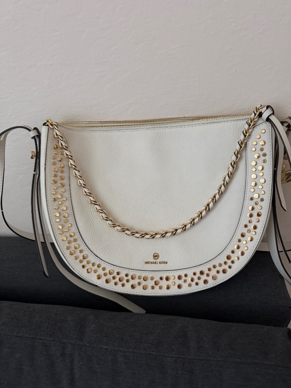 Michael Kors White Pebbled Leather Studded Hobo Shoulder Bag